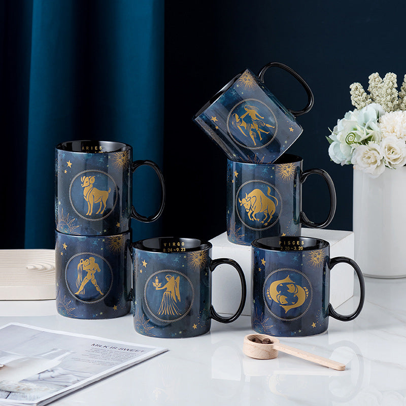 Kaffeetasse aus Keramik in Kobalt Blau mit 12 Sternzeichen