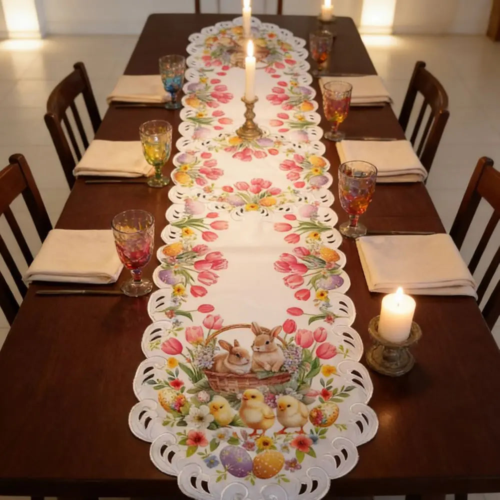 Happy Easter Table Runner | Tulip and Chick Design | Non-Slip | 177 × 38 cm | Perfect Table Decoration for Easter