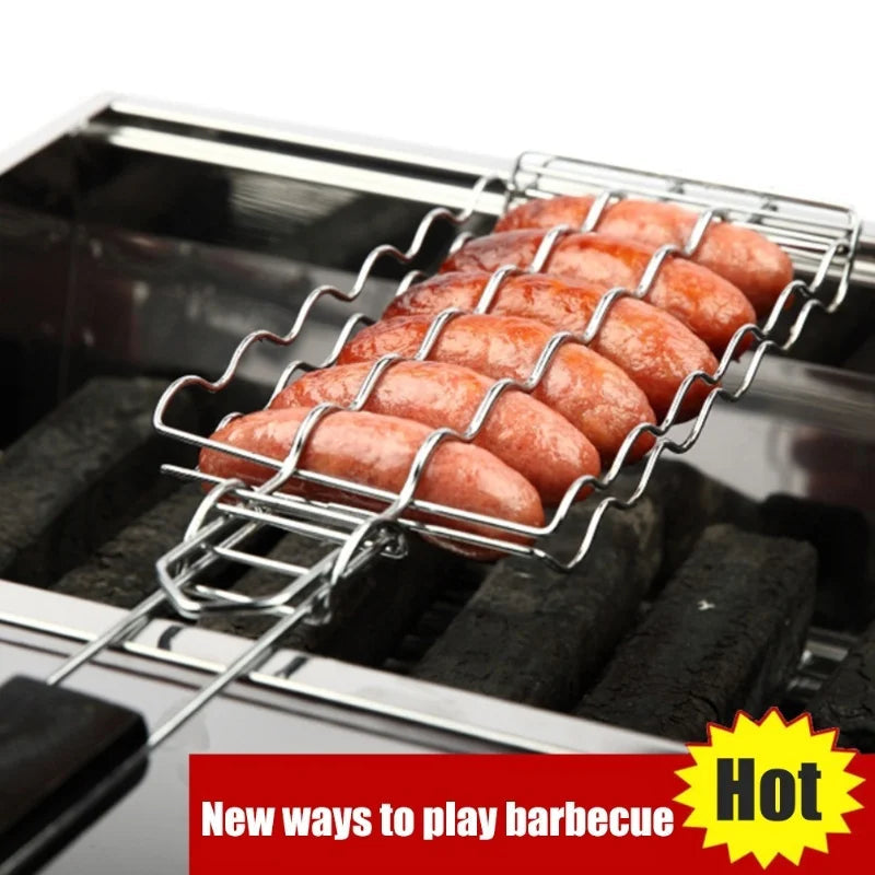 Charming stainless steel grill basket for 6 sausages | Practical BBQ accessory with wooden handle | 55.5 cm