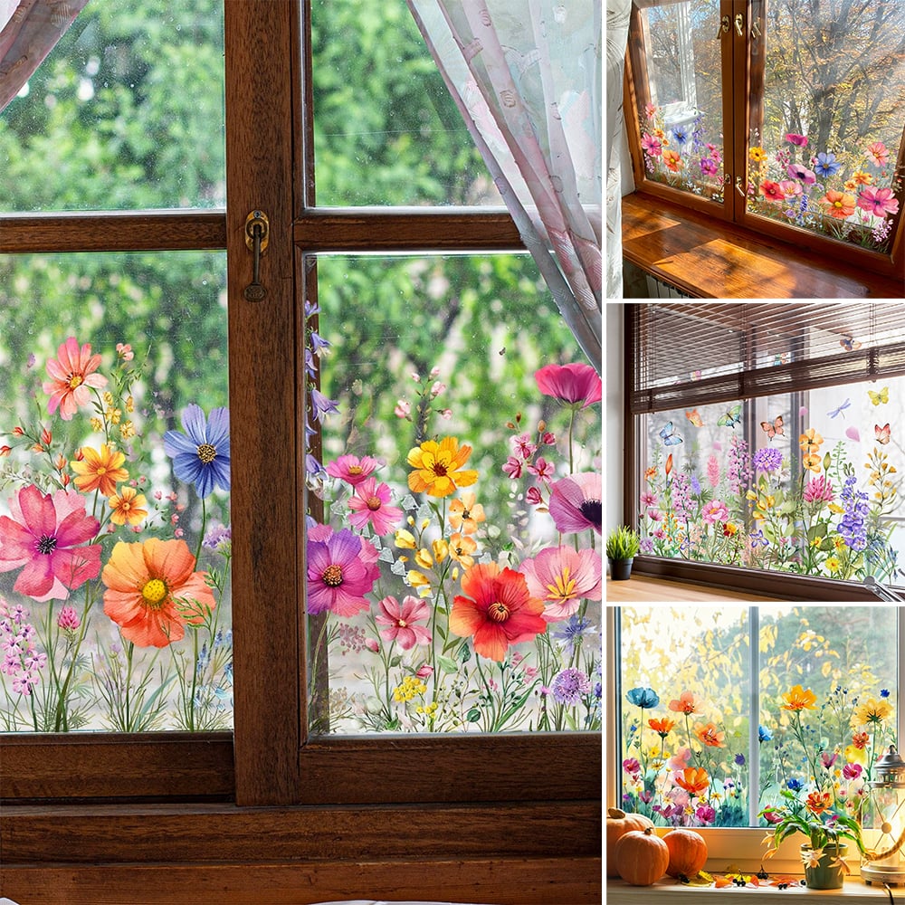 Bunte Fensteraufkleber mit Blumen- und Schmetterlingsmotiven
