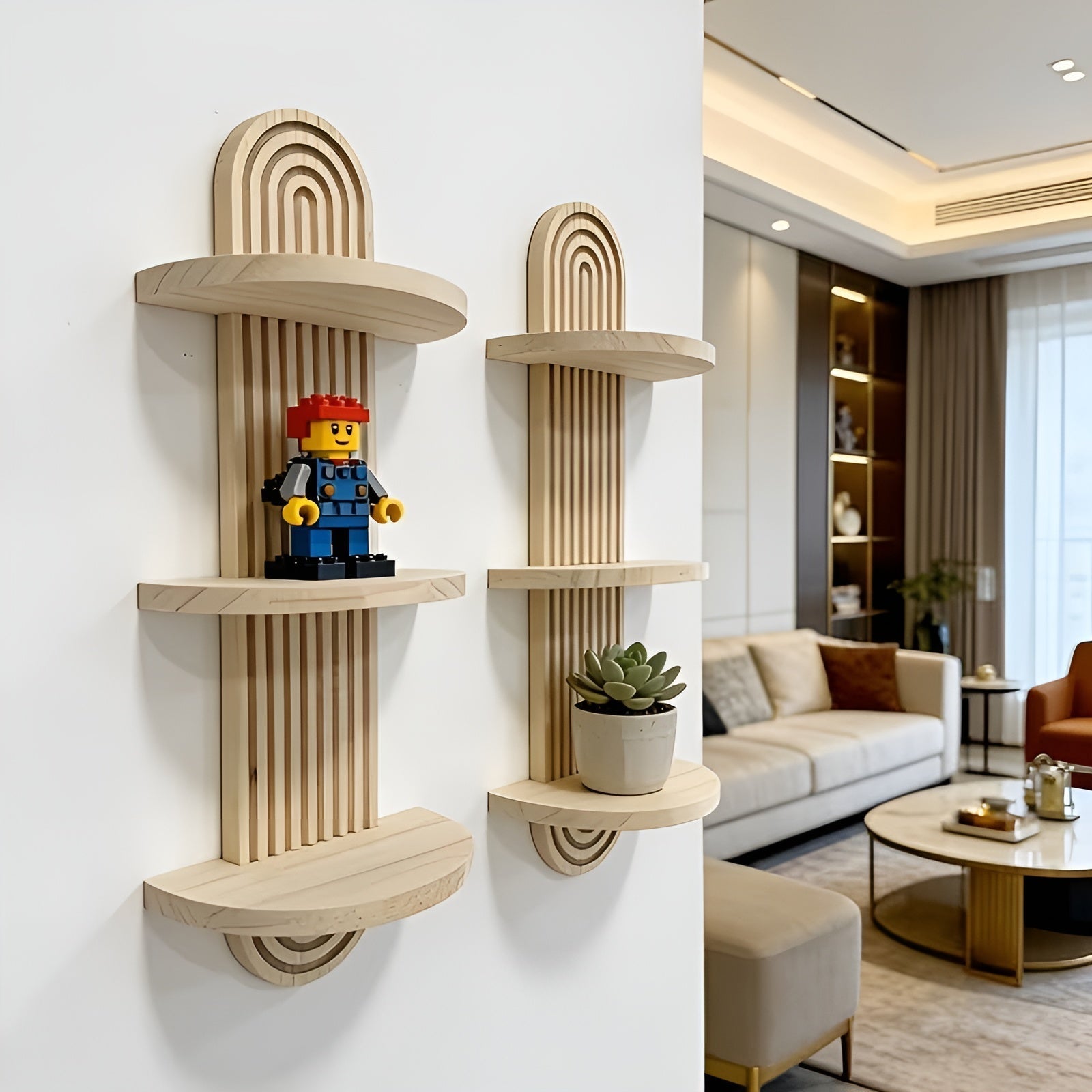 Wandregal im Boho-Stil aus massivem Holz – Mehrere Ebenen, platzsparend | Für Wohnzimmer, Schlafzimmer und Flur