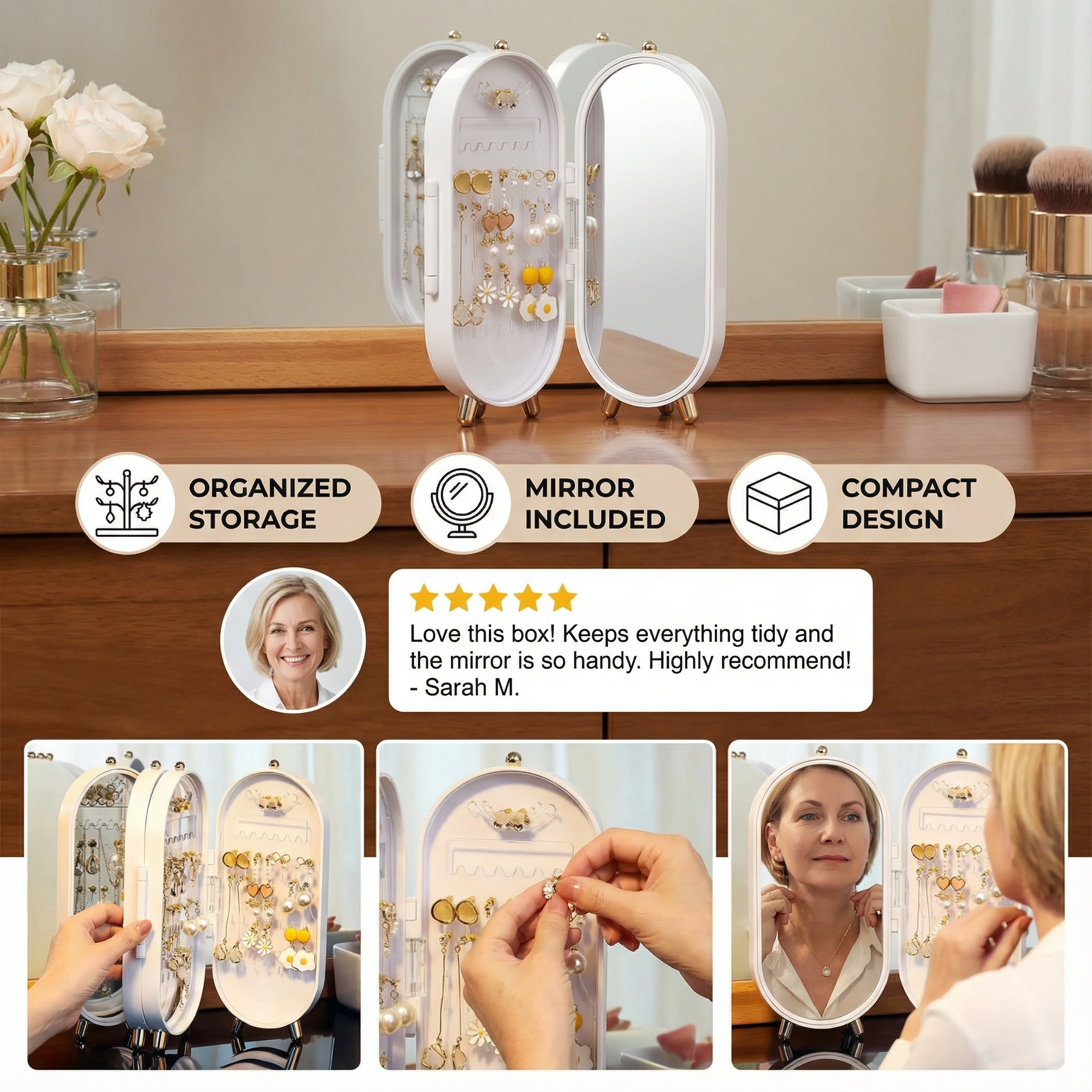 Elegant jewelry organizer with integrated mirror