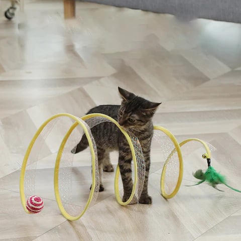 Abenteuerlicher Katzentunnel mit Spielzeug für aktive Katzen