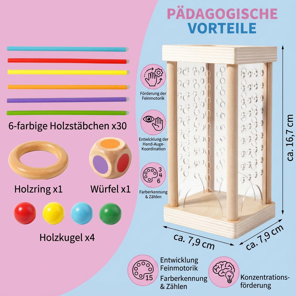 Geschicklichkeitsspiel aus Holz mit 3in1 Kugel und Stäbchen