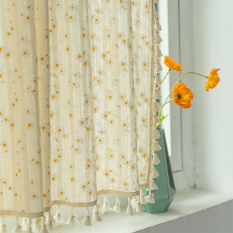 Beige Vorhang mit Gänseblümchenmuster aus Baumwoll-Leinenstoff