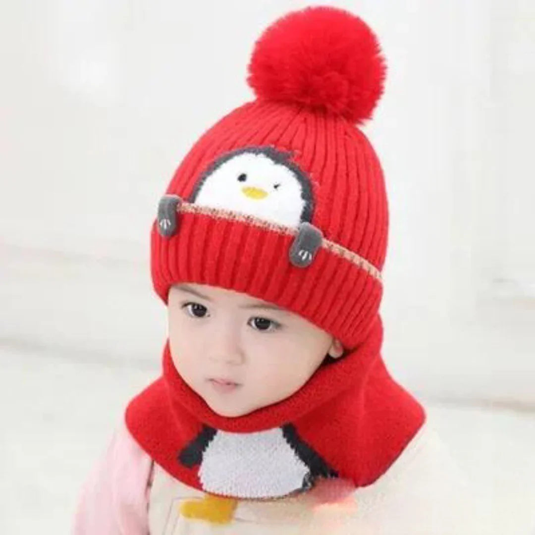 Strickmützen- und Schal-Set für Kinder im Pinguin-Design