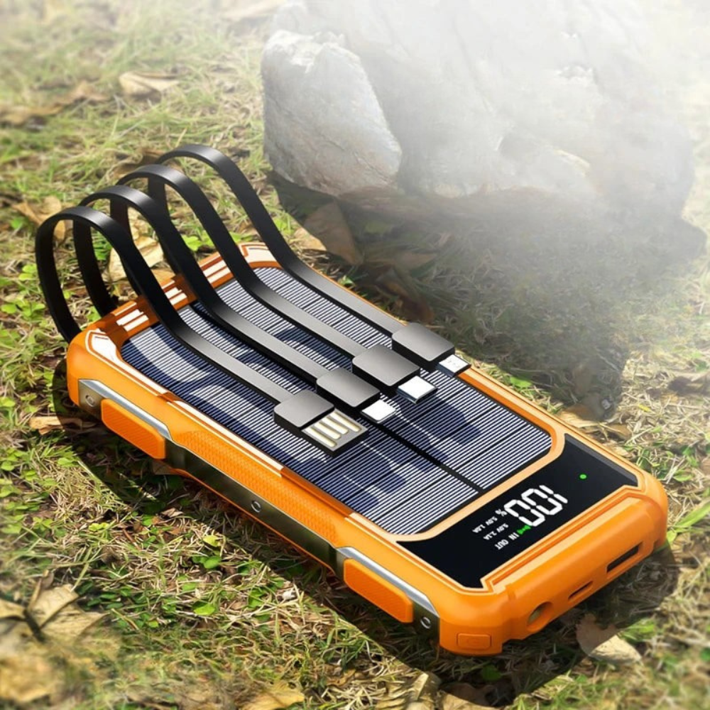 leistungsstarker Solar-Powerbank mit 4-in-1 Kabel und Notlicht