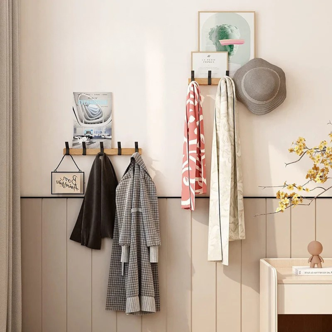 Wandgarderobe mit Flexiblen Haken – Stilvolles Schwarz in Holz & Aluminium – 40x7x7 cm für Flur & Schlafzimmer