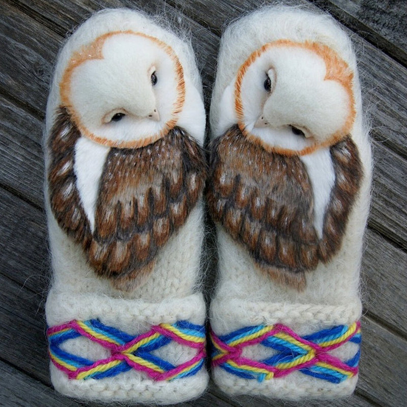 Wollige Nordic-Handschuhe mit Eulenmotiv für Kinder