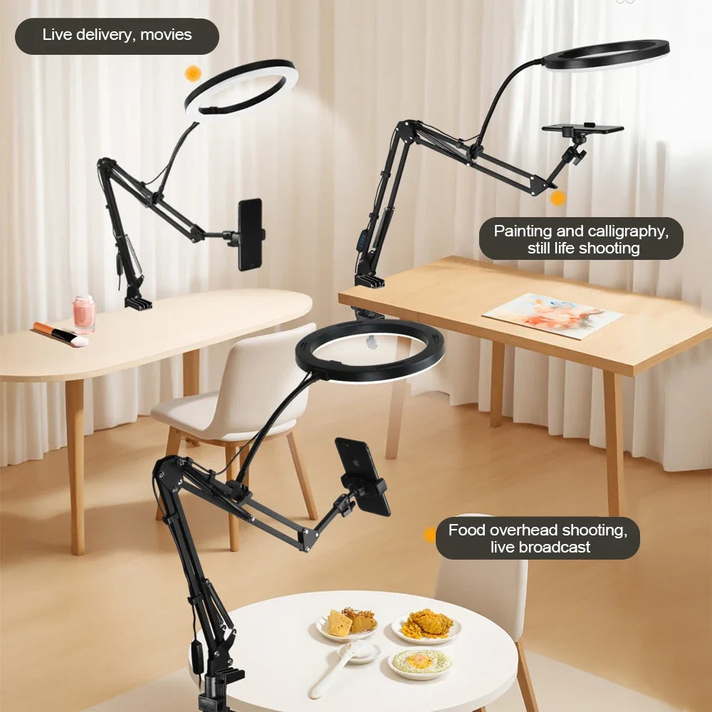 Strahlendes LED-Ringlicht mit flexiblem Arm und Smartphonehalter | 3 Lichtmodi & USB-Betrieb | Ideal für Livestreams, Videos und Selfies