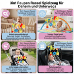Spielzeug Rassel für Zuhause und unterwegs – 3in1 Raupen-Design