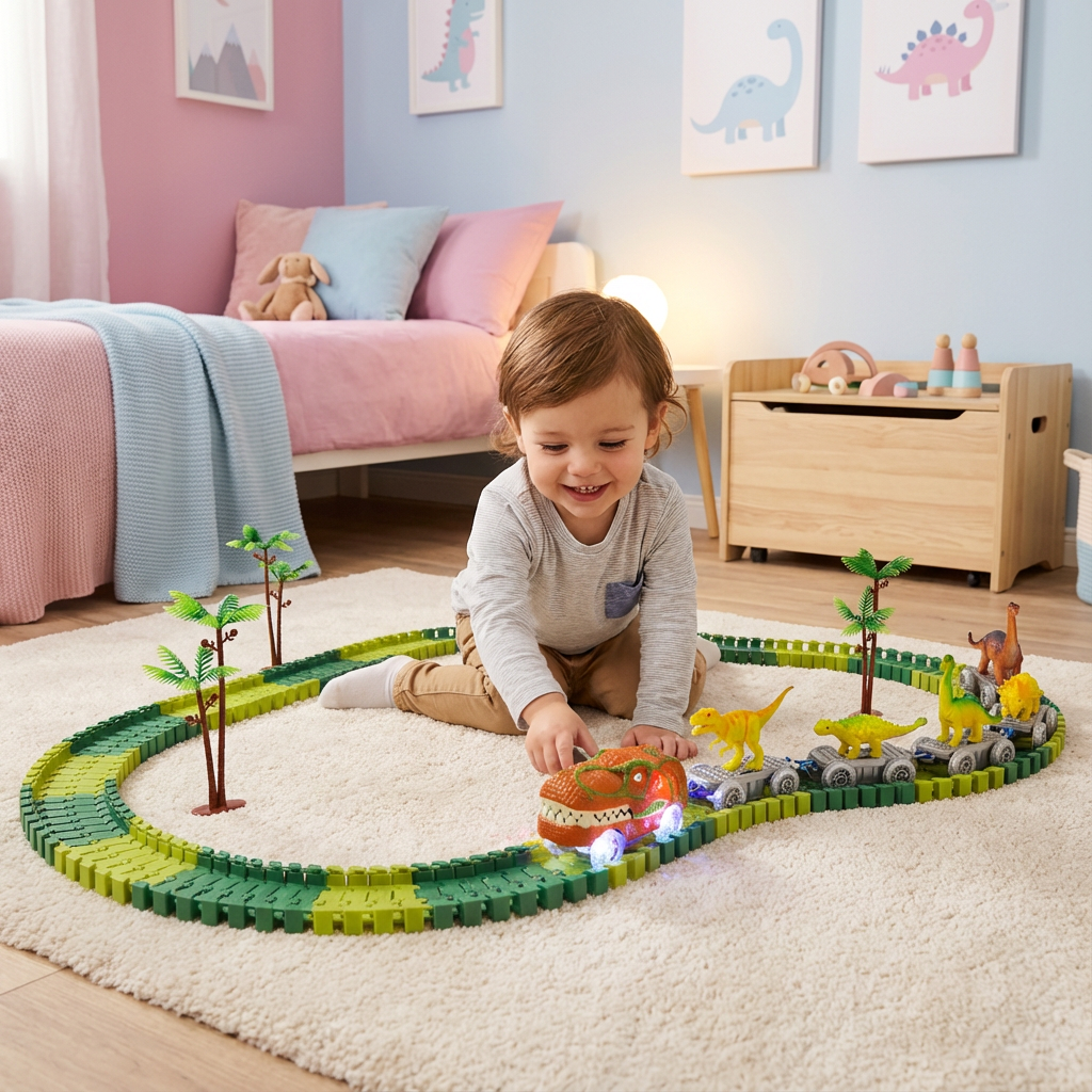 Flexible Rennstrecke mit leuchtendem Zug – Dinosaurier Abenteuer