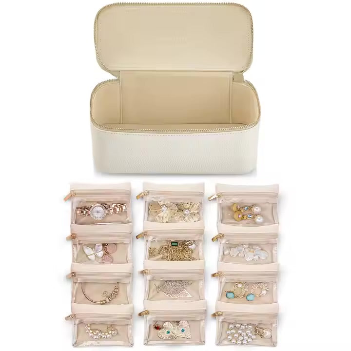 Elegante Schmuckreisebox mit 12 Samtbeuteln – Verhedderungsfrei