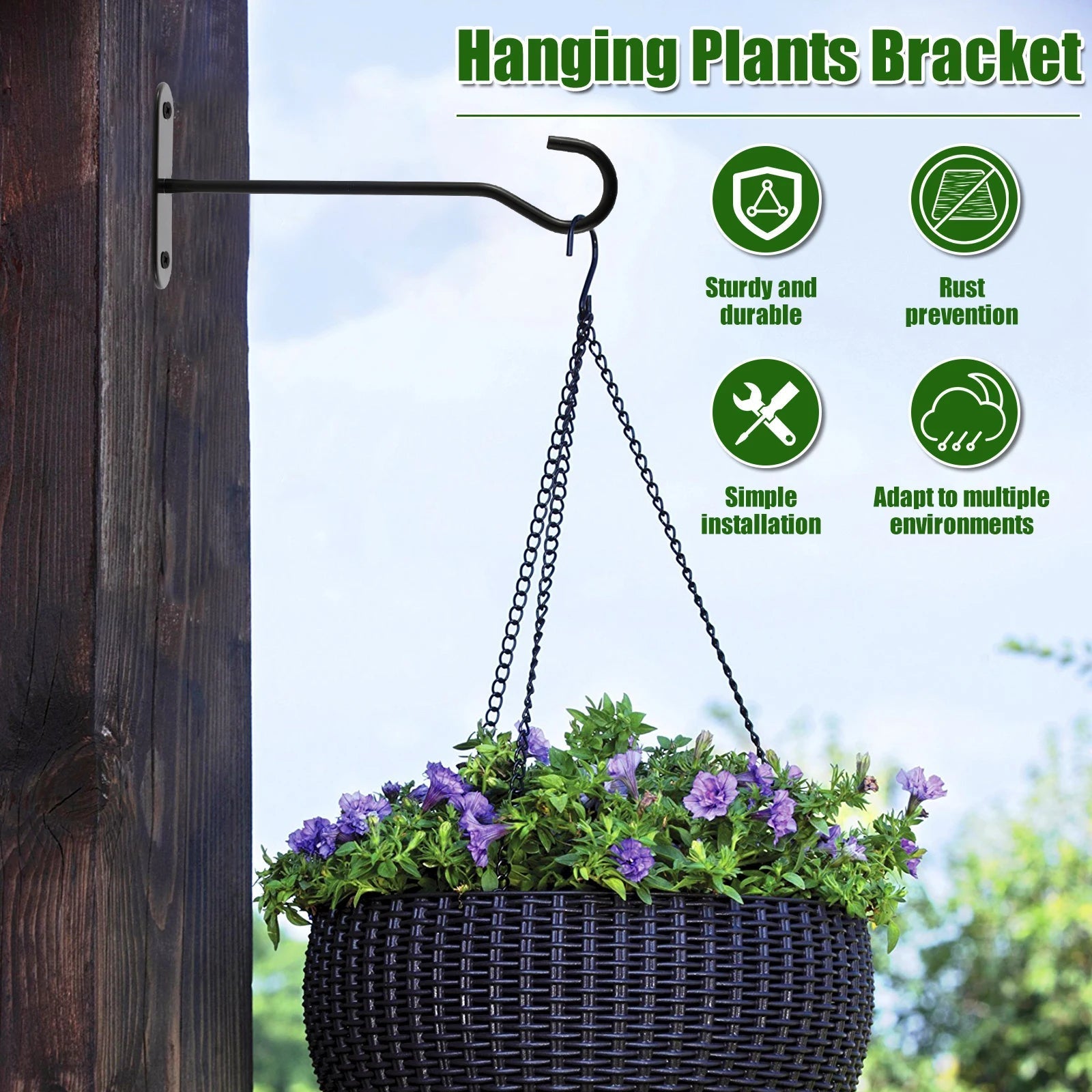 Wall Hooks for Plants – 15 cm Black Iron – Set of 4 with 10 kg Load Capacity