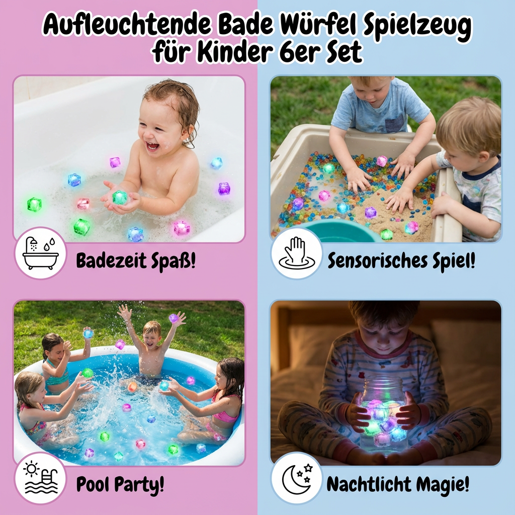 Badewürfel Spielzeug für Kinder – 6 Stück mit Leuchteffekt