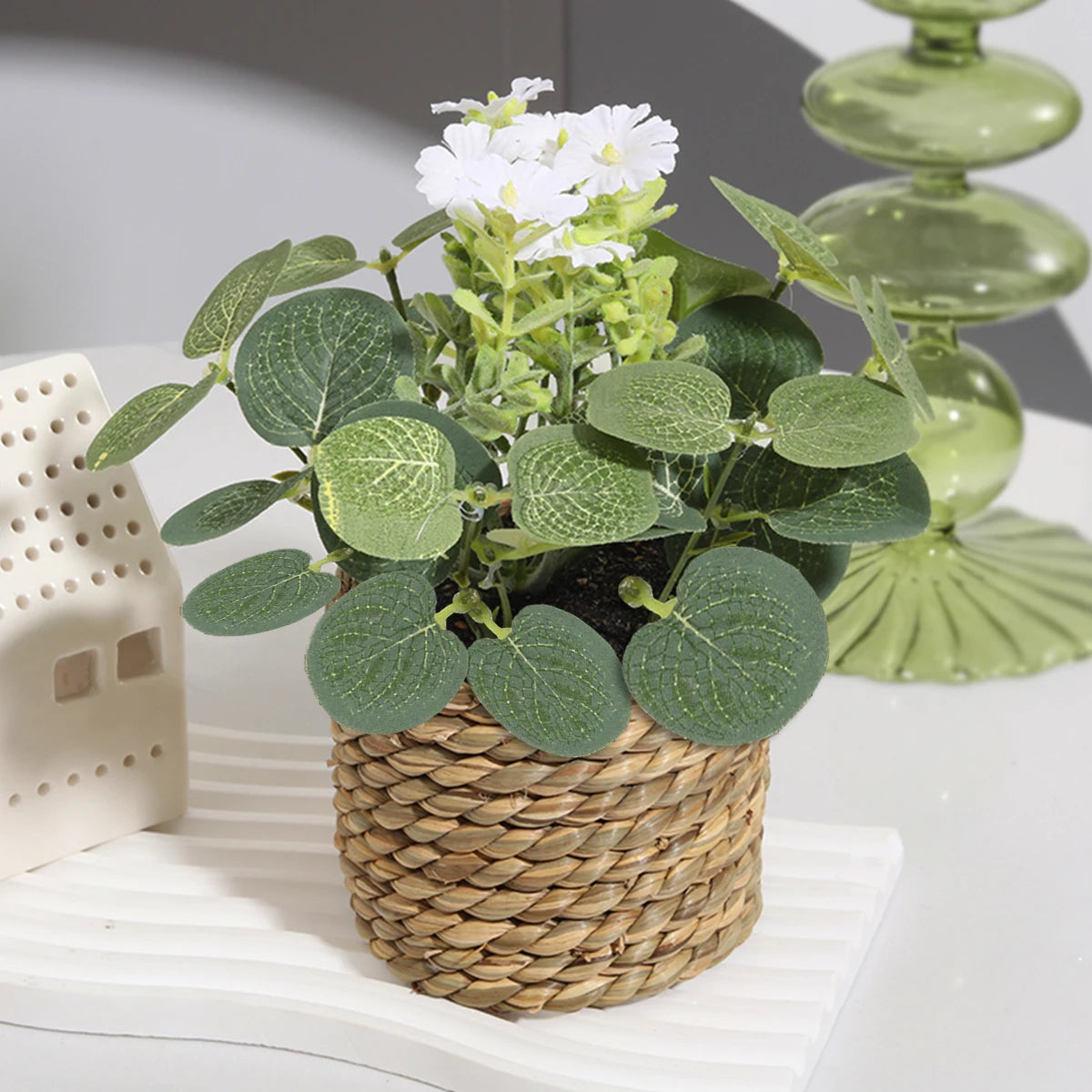 Eucalyptus Dream – Mini Artificial Plant in Braided Basket | 11 cm