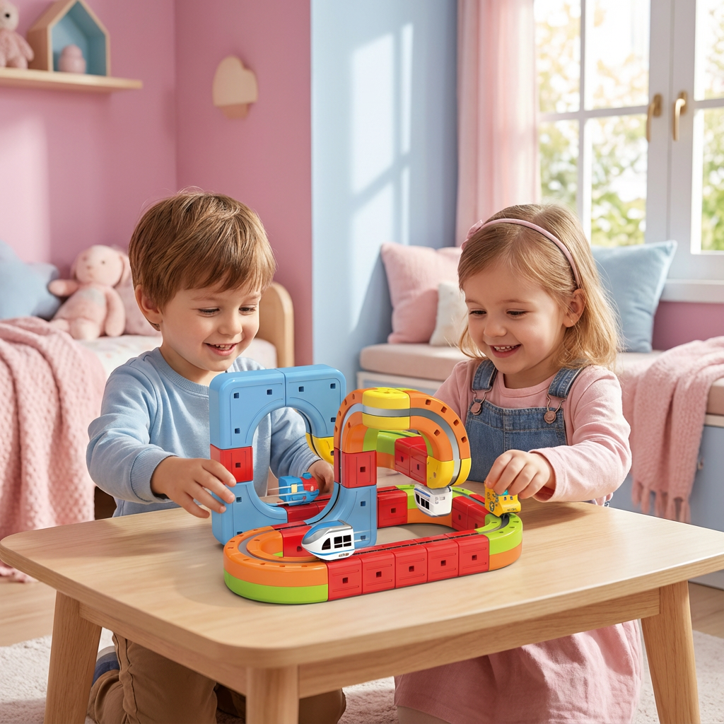 Kinderspielzeug mit Magnetischen Würfeln und Schienen