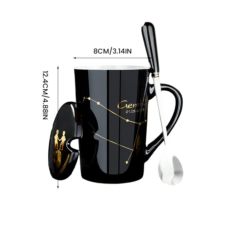 Schwarze Keramiktasse mit Deckel und Löffel – 12 Sternbilder