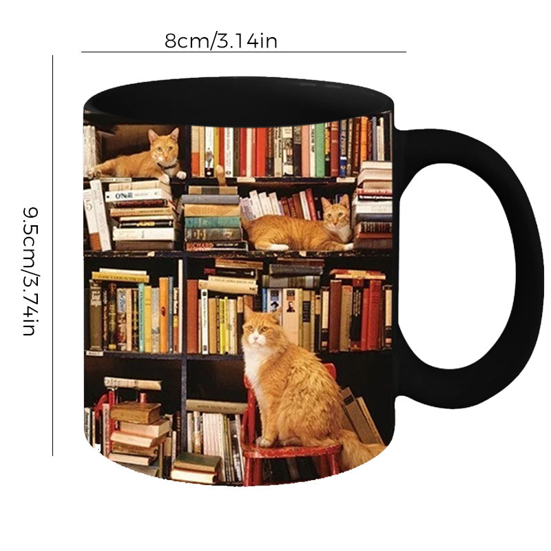 Kreative Keramiktasse für Katzen- und Buchliebhaber