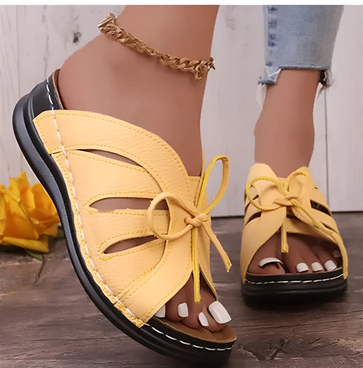 Elegante Damensandalen mit Schleife und Keilabsatz – Orthopädische Einlage