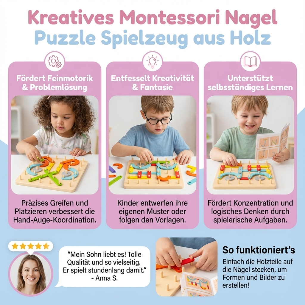 Holzpuzzle Spielzeug mit Montessori Design für kreative Nagelspiele