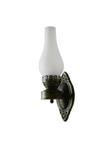Antike Wandlampe aus Eisen mit Glas-Schirm in Bronze