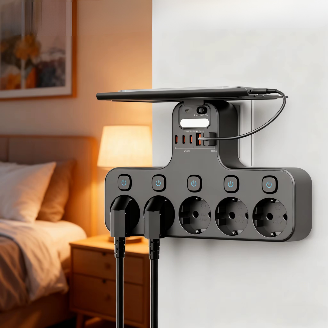 Wandsteckdosenleiste mit USB-Anschlüssen, Handyhalter und Nachtlicht