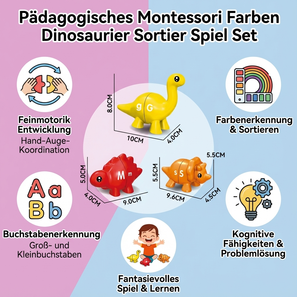 Farben Sortierspiel Set mit Dinosauriern nach Montessori-Prinzipien
