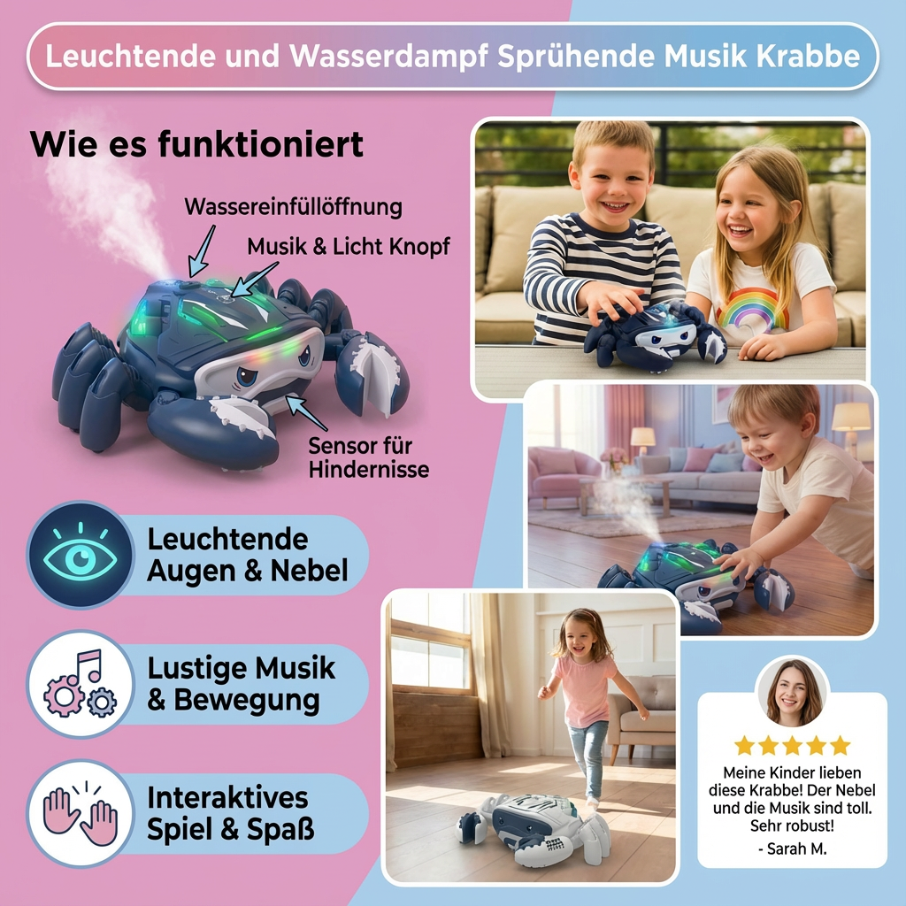Musikspielzeug Krabbe mit leuchtenden Effekten und Dampfausstoß