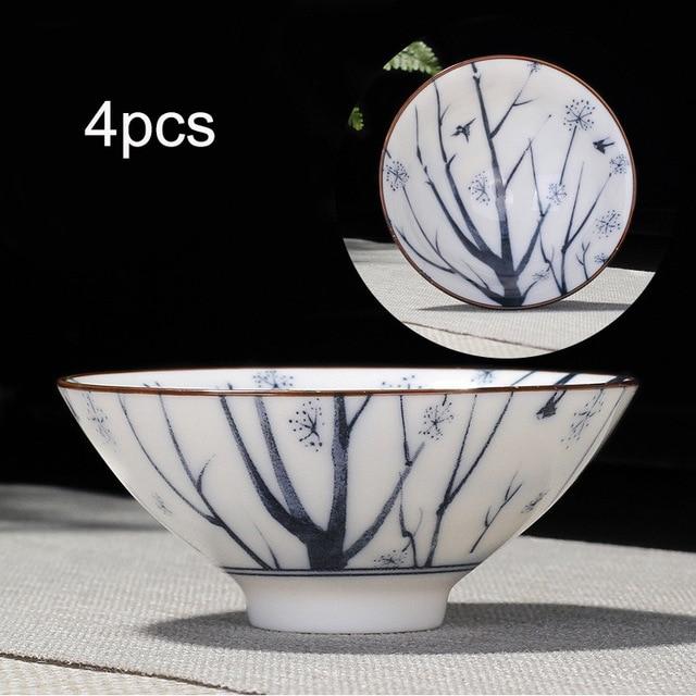 Elegantes 4-teiliges Teetassen Set in Blau und Weiß
