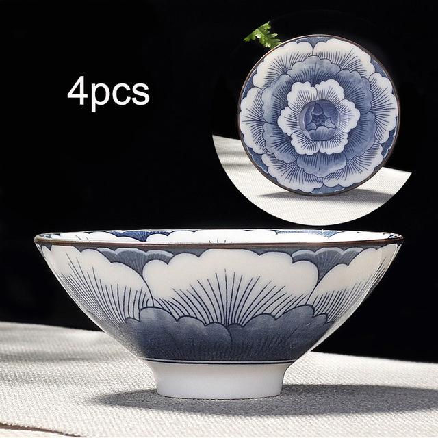 Elegantes 4-teiliges Teetassen Set in Blau und Weiß