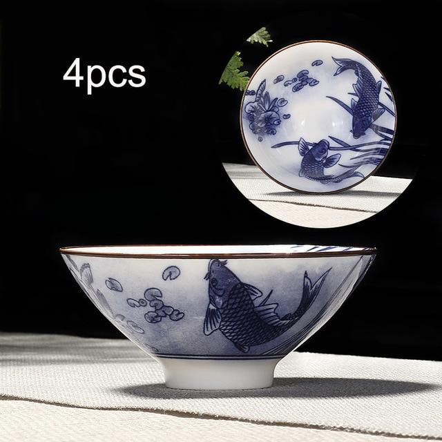4-teiliges Teetassen-Set aus Blau- und Weißporzellan