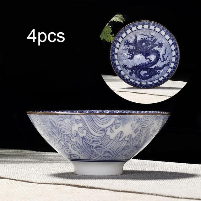 Elegantes 4-teiliges Teetassen Set in Blau und Weiß