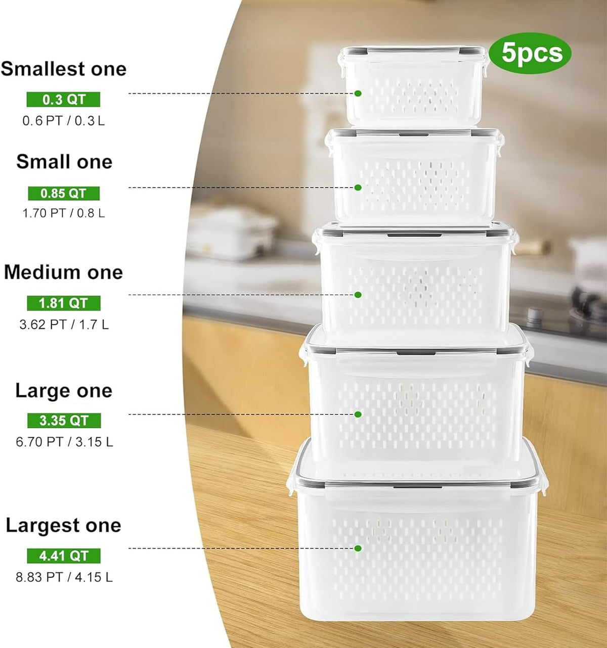 Food Storage Set of 5 with Drainage Basket