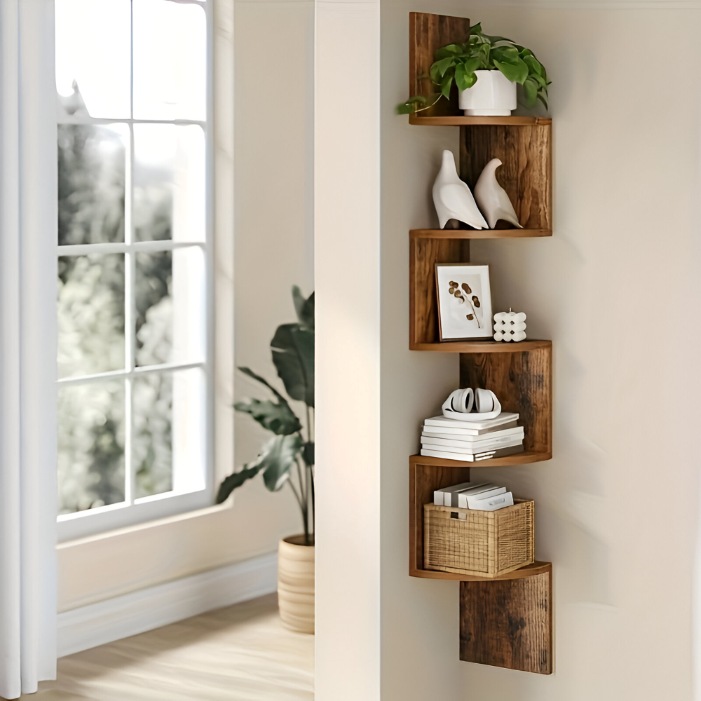 Eckregal mit 5 Ablagen – Rustikales Holz im Zickzack-Design