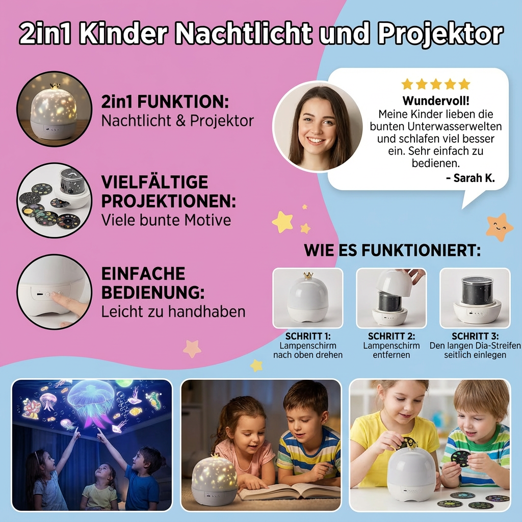 Nachtlicht und Projektor für Kinder im 2-in-1 Design