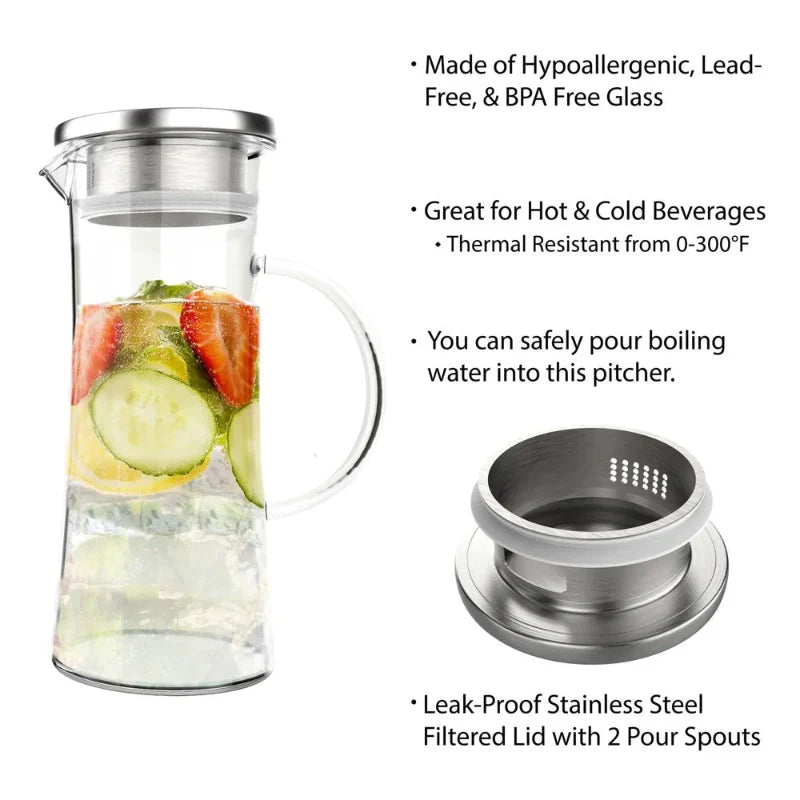50 oz hitzebeständiger Glaskrug mit Edelstahlfilter und auslaufsicherem Deckel