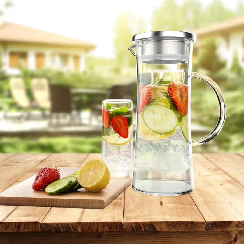 50 oz hitzebeständiger Glaskrug mit Edelstahlfilter und auslaufsicherem Deckel