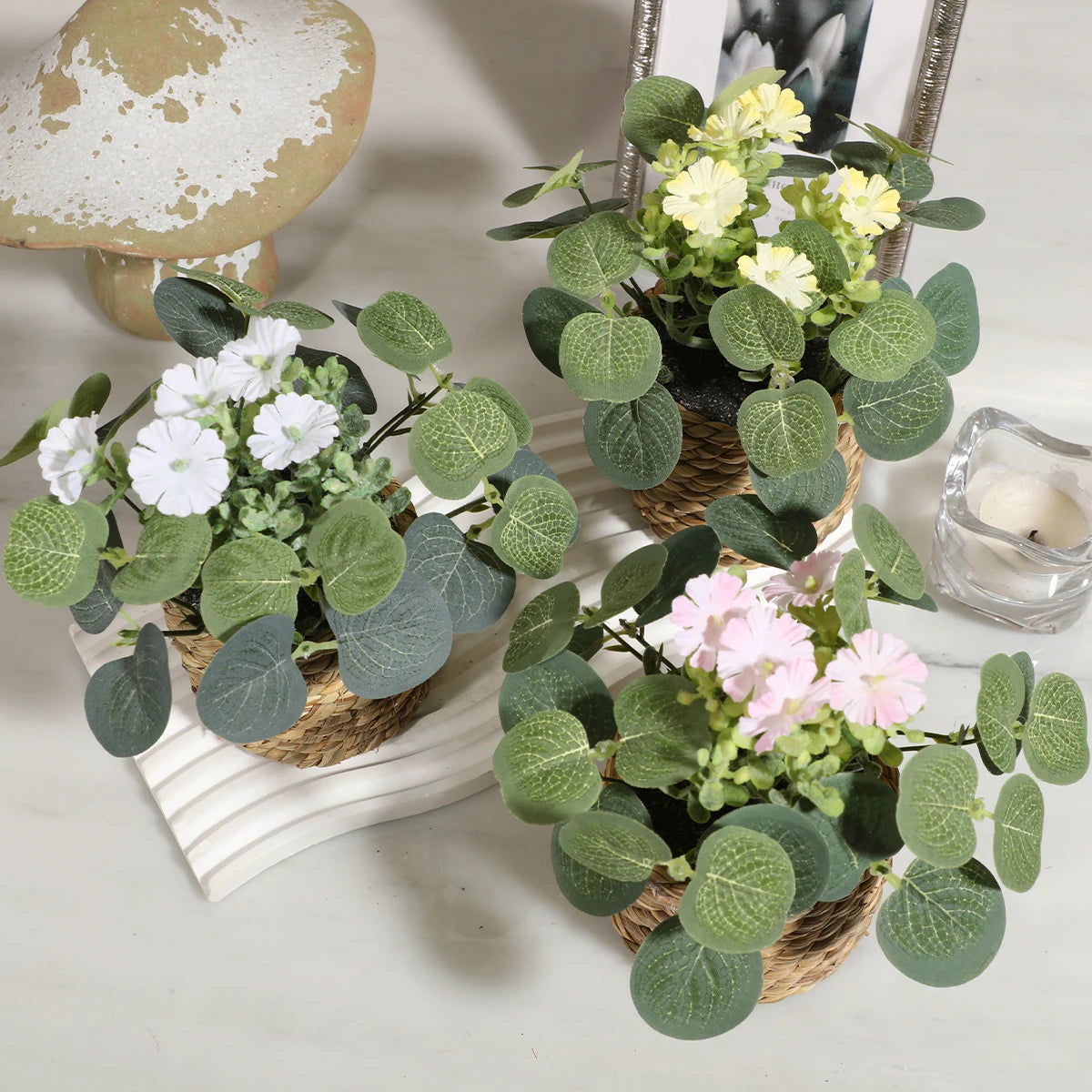 Eucalyptus Dream – Mini Artificial Plant in Braided Basket | 11 cm