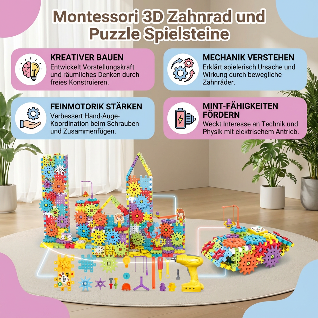 3D Zahnradspiel und Puzzle-Steine nach Montessori-Methode