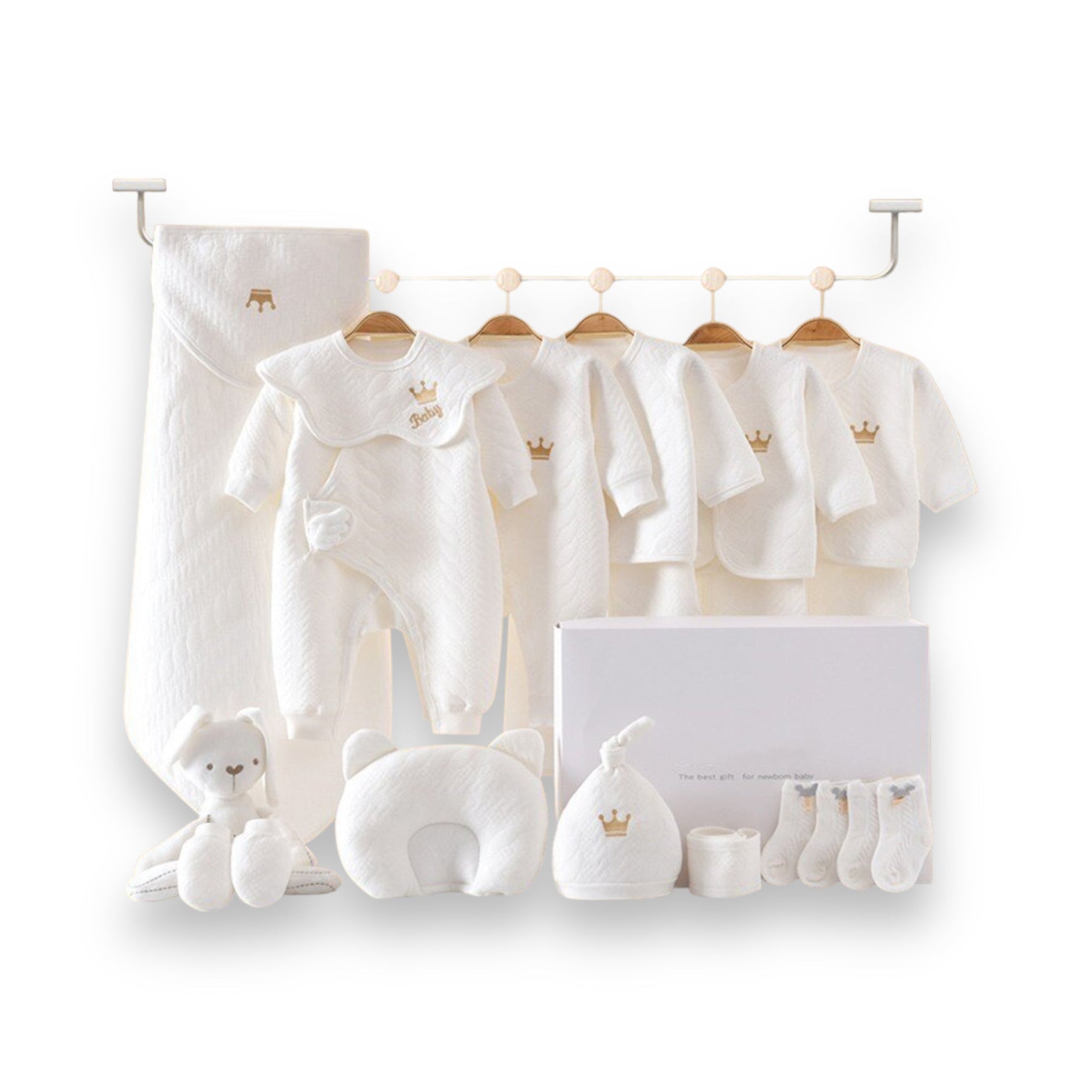 Hochwertiges Baby-Basisset | Elegante Geschenkkiste für Neugeborene | 100% Bio-Baumwolle | Mit Decke, Kleidung & Zubehör | Allergikerfreundlich