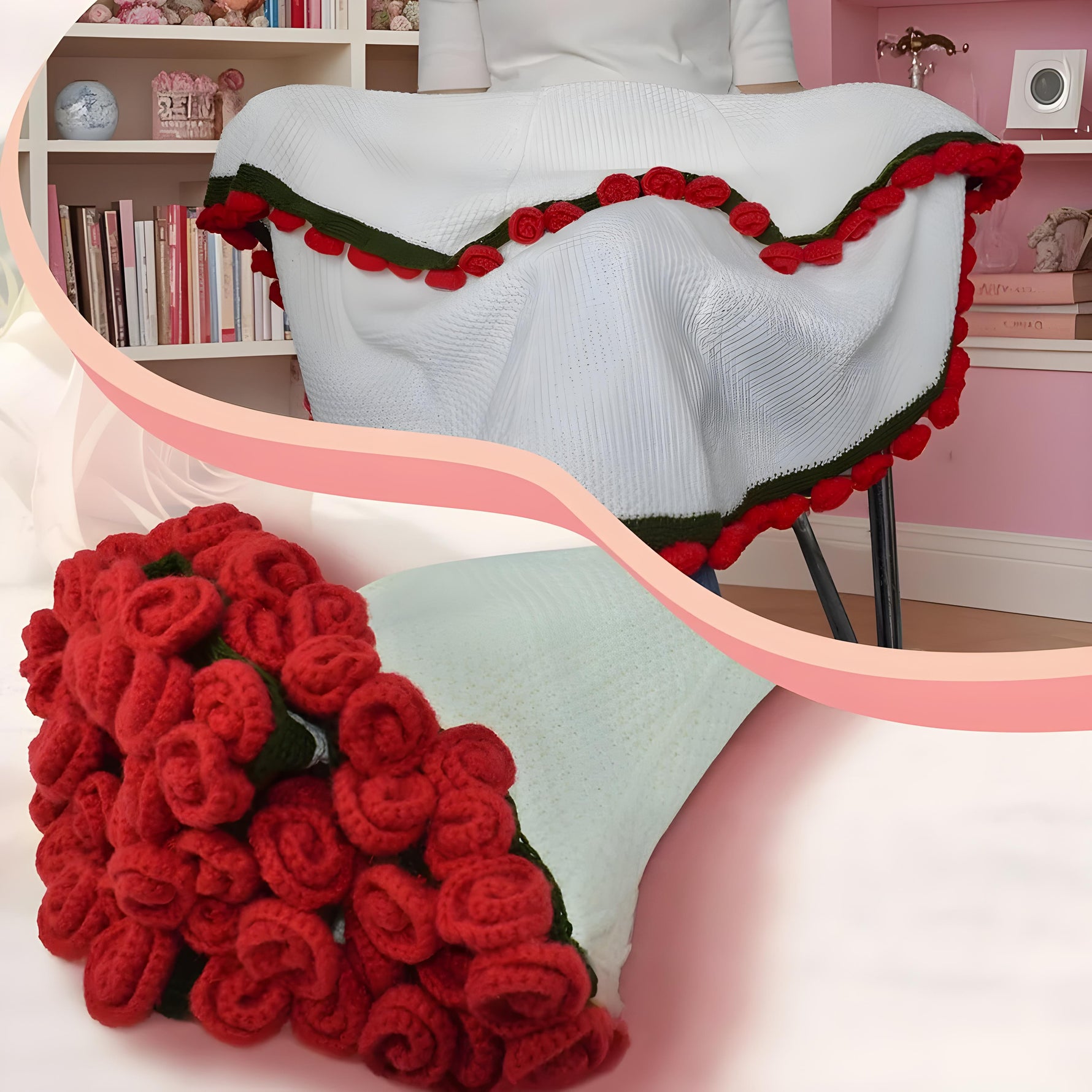 Florale Eleganz – Handgefertigte Tagesdecke mit 3D-Rosenmuster