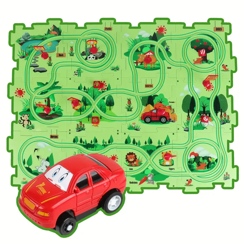 Rennbahn Puzzle mit Bausteinen für Kinder
