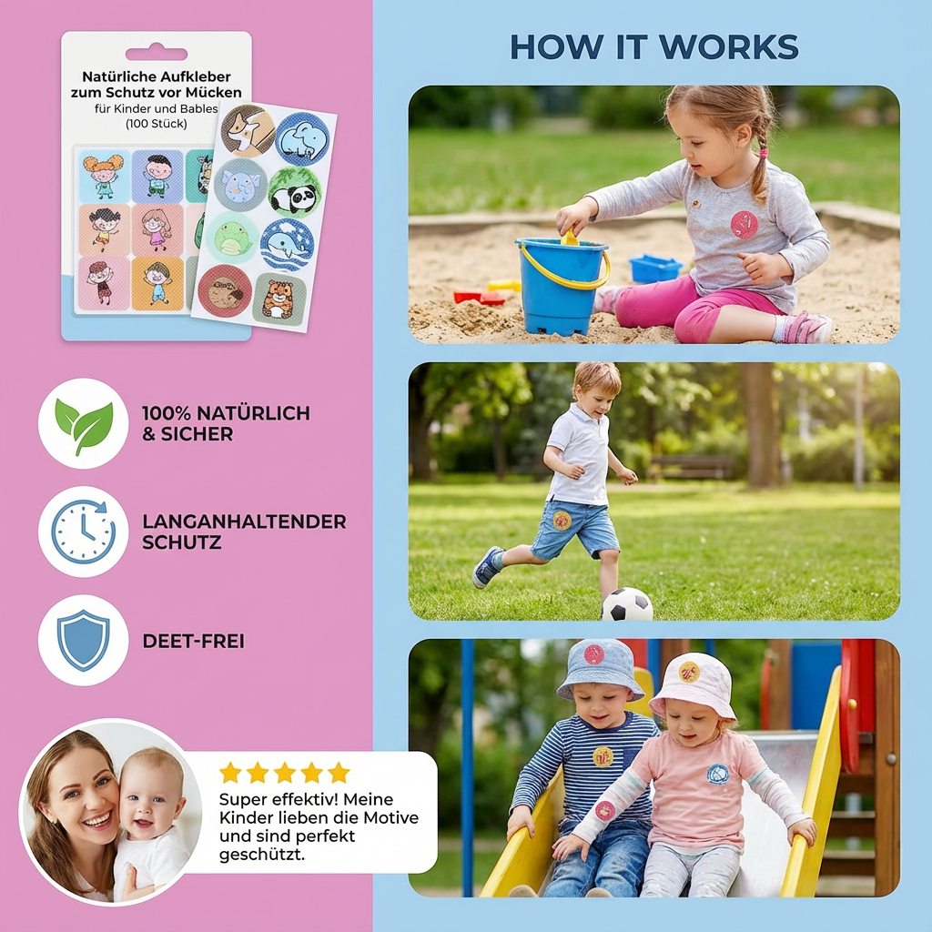 100 Stück Mückenabwehr Aufkleber für Kinder und Babys – Natürliche Lösung