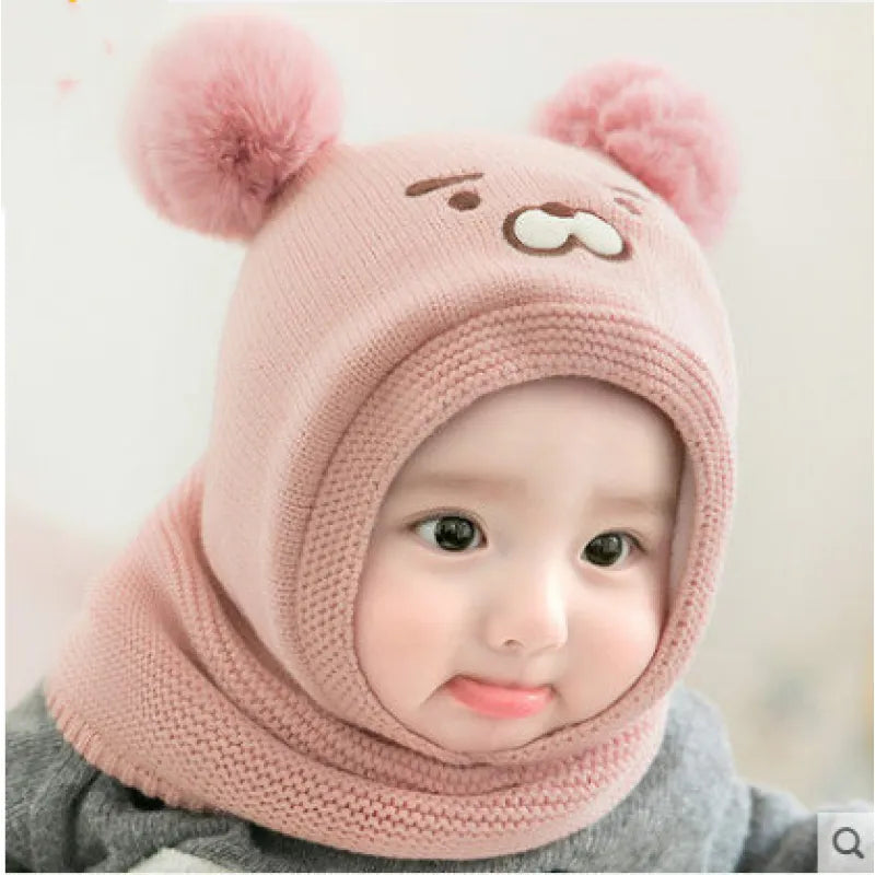 Warme Strickmütze für Babys mit Ohren – Fleecefutter und Tierdesign