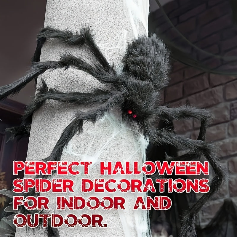 Halloween Dekorationsset – 2 riesige Spinnen 50 cm mit dehnbarem Spinnennetz