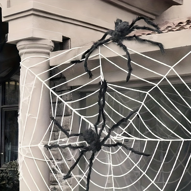 Halloween Dekorationsset – 2 riesige Spinnen 50 cm mit dehnbarem Spinnennetz