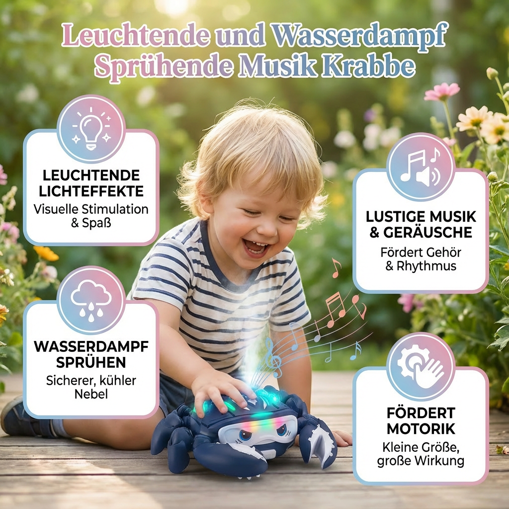 Musikspielzeug Krabbe mit leuchtenden Effekten und Dampfausstoß