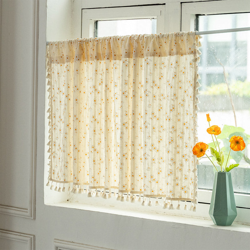 Beige Vorhang mit Gänseblümchenmuster aus Baumwoll-Leinenstoff