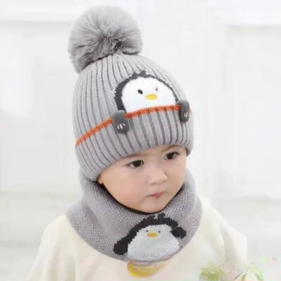 Strickmützen- und Schal-Set für Kinder im Pinguin-Design